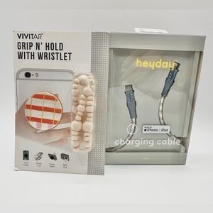 Phone accessories: iPhone Charger and a Grip Hold with Wristlet.